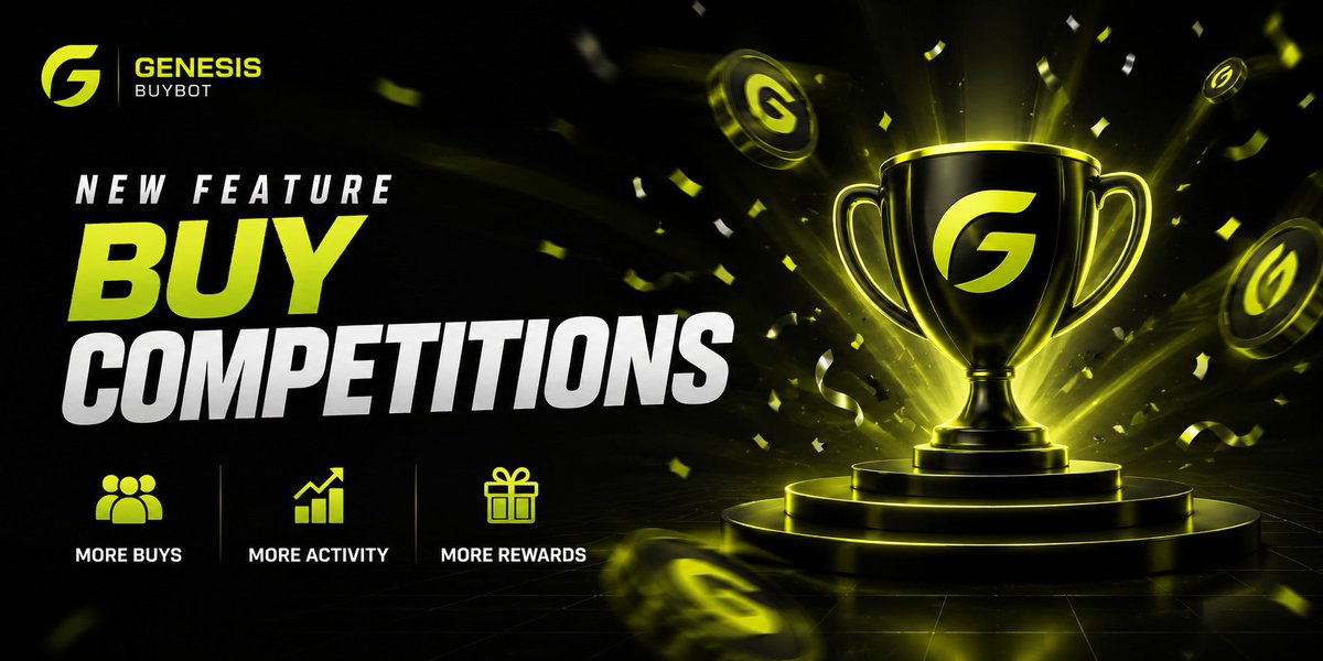 GenesisPad_'s tweet photo. New on Genesis BuyBot: Buy Competitions 🏆

Group admins can now create and run buy competitions directly inside their Telegram groups using /competition.

Choose the token, set the minimum qualifying buy, competition duration, number of winners, and rewards. Competitions can start immediately or be scheduled, with support for rewards in ETH or the project’s token.

Community members can follow the action in real time using /leaderboard, while buy alerts will highlight whenever someone breaks into the Top 3.

Once the competition ends, Genesis BuyBot automatically posts the final rankings and winner wallet addresses. Reward distribution remains fully controlled by the project team.

More buys. More competition. More activity for your community.

Set up Genesis BuyBot:
https://t.co/cgklxYfpGj