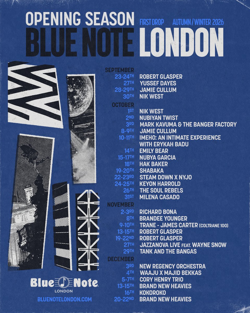 BlueNoteTokyo's tweet photo. 【SPECIAL ANNOUNCEMENT】
英国初となるブルーノート・ロンドンが2026年9月23日にグランドオープン🇬🇧✨

記念すべきヘッドライナーを務めるのは、5度のグラミー受賞歴を誇り、ブルーノート・ロンドンのクリエイティブ・アンバサダーにも就任したロバート・グラスパー。

さらに、エリカ・バドゥ、ジェイミー・カラム、ユセフ・デイズ、ヌバイア・ガルシア、シャバカ・ハッチングスといった、音楽シーンを牽引するトップアーティストたちの出演も続々と決定。

長きにわたるUKジャズの歴史を受け継ぎ、卓越した英国の才能と世界トップクラスのアーティストが響き合う親密な空間。ロンドンに誕生する新たな音楽の聖地の幕開けに、ぜひご期待ください！

▼Blue Note London 公式HPはこちら
https://t.co/2deRdDXZ9Y 

#bluenotelondon @robertglasper @fatbellybella  @jamiecullum @YussefDayes @nubya_garcia @shabakah