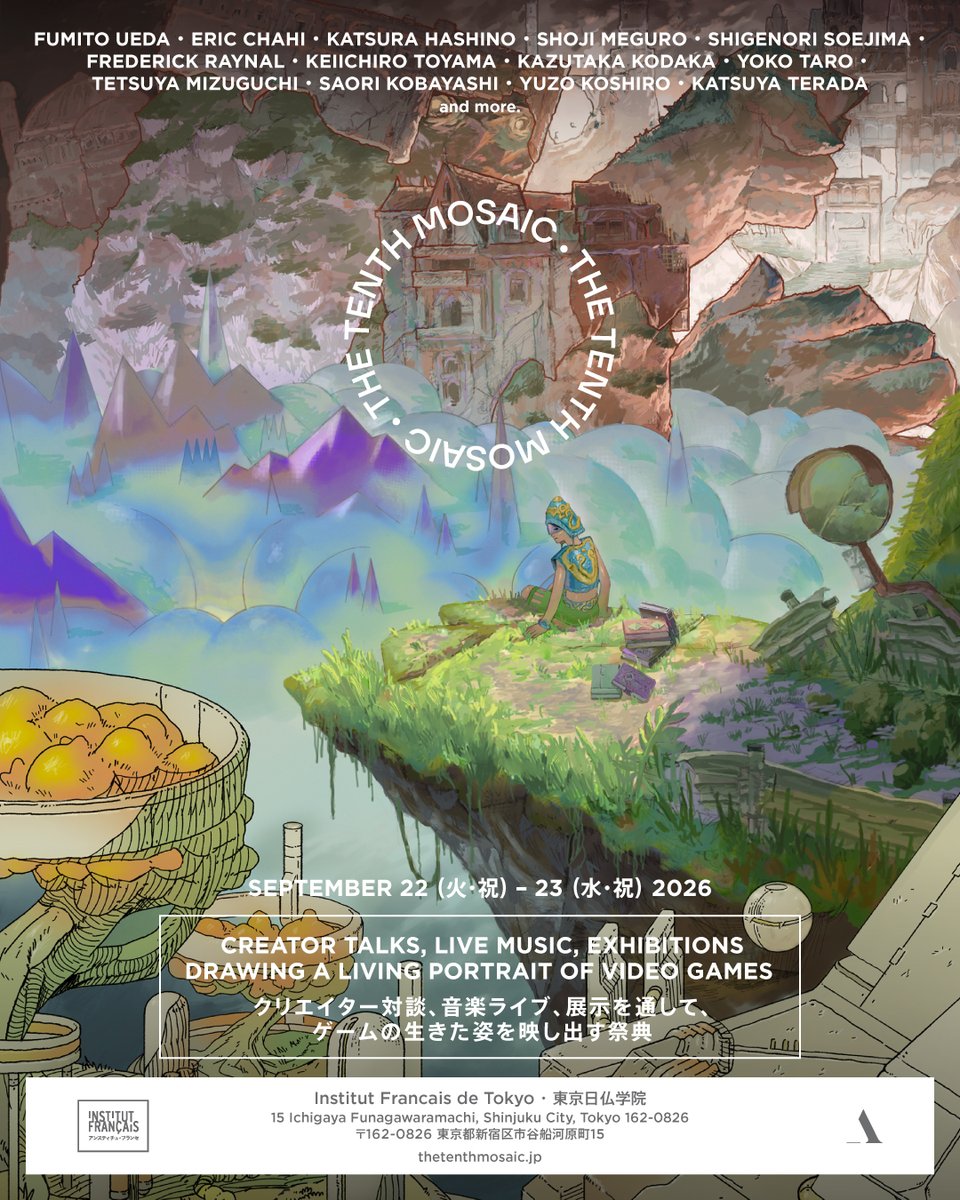 SailToArchipel's tweet photo. ゲームカルチャーを祝う新たな祭典「The Tenth Mosaic」を東京で開催！

 9月22日・23日、上田文人、橋野桂、ヨコオタロウをはじめとするクリエイター対談、エリック・シャイの来日、音楽ライブ、特設展示など、ゲームカルチャーをあらゆる角度から体感できる2日間。

詳細: https://t.co/eJfqo3WqbA https://t.co/61Q149dZp2