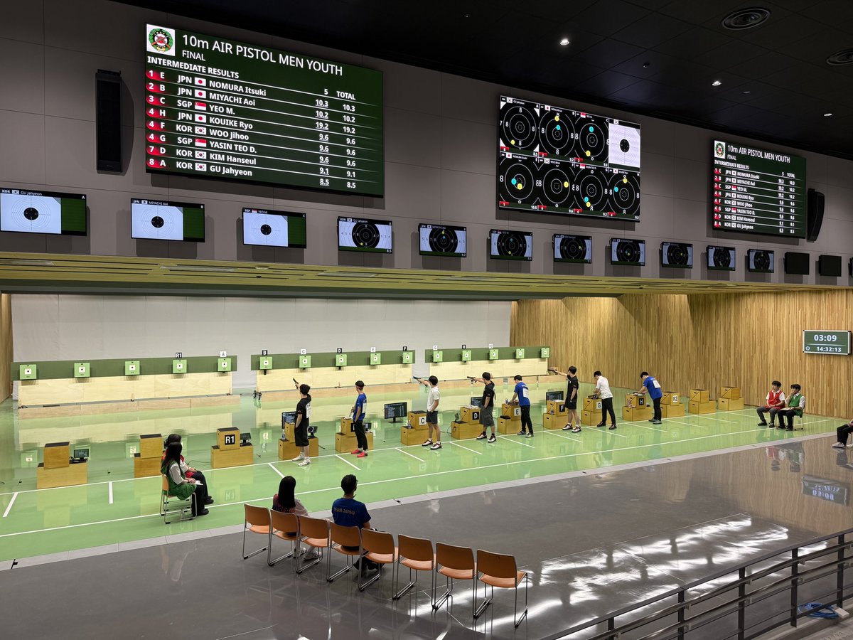 shooting_yn's tweet photo. エアピストル男子の決勝が始まります。

新設されたファイナルホールで、初のファイナルです🔫
日本人は3名が本選を突破し、決勝に残っています🇯🇵 https://t.co/JtHdc3hCsh
