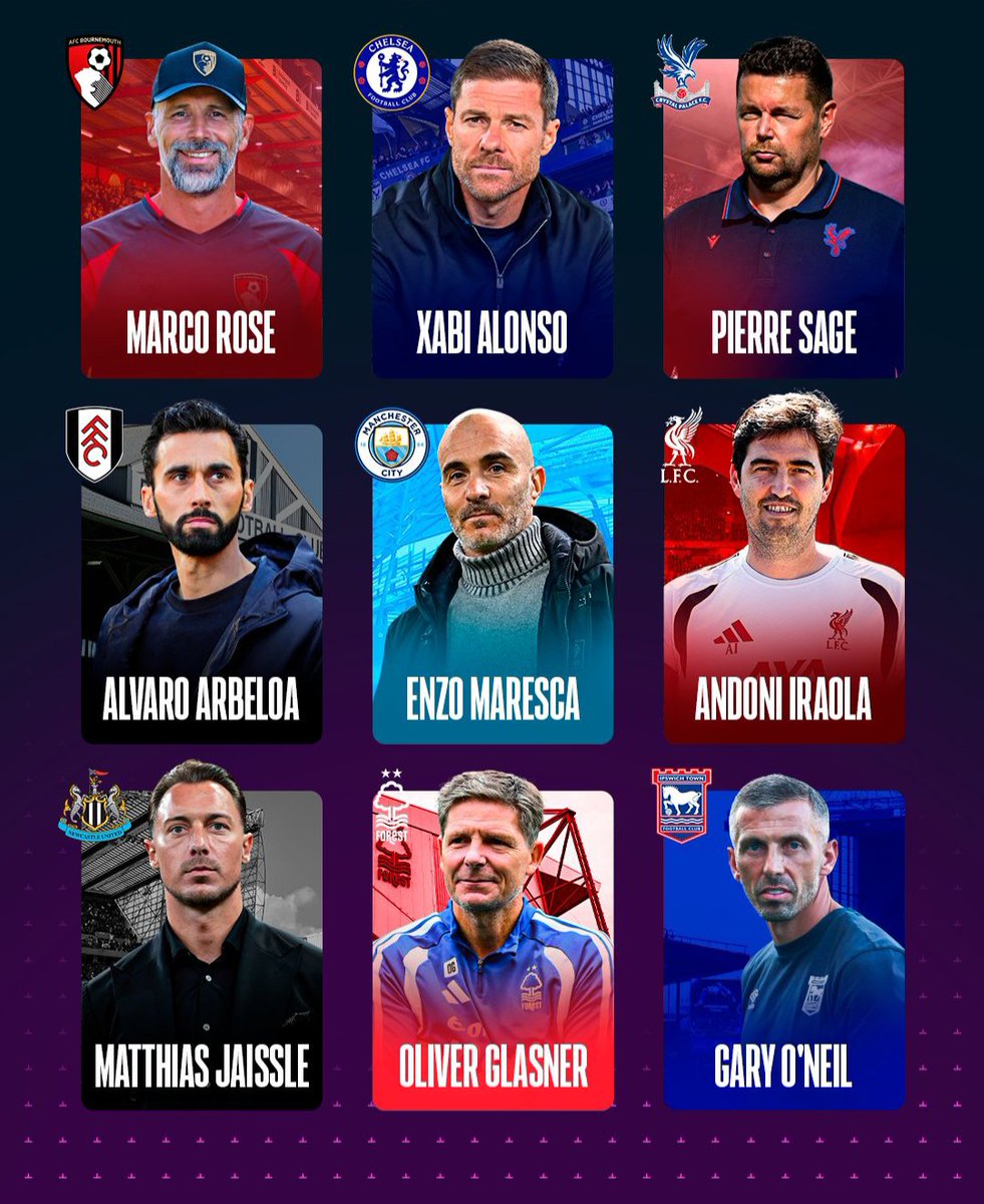 CAMBETOLLL's tweet photo. 🗣️ #NewCoach #LigaInggris

Pelatih baru yang akan menangani klub-klub Liga Inggris musim 2026/2027:

👤Xabi Alonso(44/🇪🇦/Chelsea)
✍🏻Kontrak : 3 tahun
♻️Klub sebelumnya: Real Madrid

👤Marco Rose (49/🇩🇪Bournemouth)
✍🏻Kontrak : 3 tahun
♻️Klub sebelumnya: RB Leipzig

👤Pierre Sage (47/🇲🇫
/Crystal Palace)
✍🏻Kontrak : 3 tahun
♻️Klub sebelumnya: RC Lens

👤Álvaro Arbeloa (43/🇪🇦/Fulham)
✍🏻Kontrak : 3 tahun
♻️Klub sebelumnya: Real Madrid

👤Andoni Iraola (44/🇪🇦
/Liverpool)
✍🏻Kontrak : 2 tahun
♻️Klub sebelumnya: Bournemouth

👤Oliver Glasner (51/🇦🇹/Nottingham Forest)
✍🏻Kontrak : 3 tahun
♻️Klub sebelumnya: Crystal Palace

👤Gary Paul O'Neil (43/🏴󠁧󠁢󠁥󠁮󠁧󠁿
/Ipswich Town)
✍🏻Kontrak : 3 tahun
♻️Klub sebelumnya: Strasbourg

👤Enzo Maresca (44/🇮🇹
/Man. City)
✍🏻Kontrak : 3 tahun
♻️Klub sebelumnya: Chelsea

👤Matthias Jaissle (38/🇩🇪
/Newcastle)
✍🏻Kontrak : 2 tahun
♻️Klub sebelumnya: Al Ahly

Dahh itu saja,, 👋🏻
