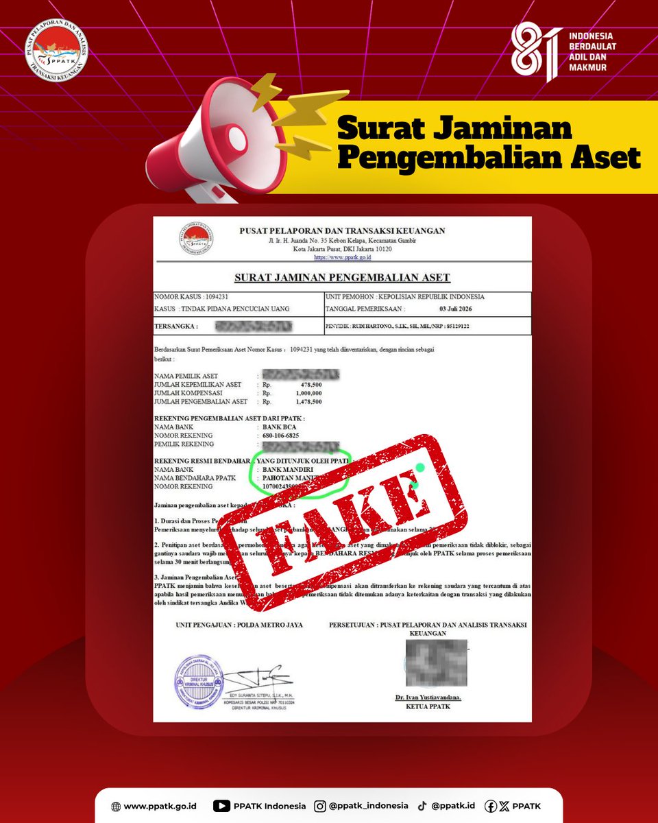 PPATK's tweet photo. 🚨 JANGAN JADI KORBAN BERIKUTNYA.

Surat ini terlihat resmi.
Ada logo.
Ada nomor surat.
Ada tanda tangan.
Bahkan ada stempel.

Tapi semuanya bisa PALSU.

Pelaku sengaja membuat surat yang tampak meyakinkan agar Anda panik, takut, lalu mengikuti semua perintahnya.

⚠️ Waspadai berbagai surat palsu yang mengatasnamakan PPATK, seperti:
* Surat Pemeriksaan Aset
* Surat Jaminan Pengembalian Aset
* Surat Pemblokiran Aset
* Surat Keterangan Kelayakan
* Surat Tugas Penitipan Aset dan Keuangan
* Dan berbagai bentuk surat lainnya yang mengatasnamakan PPATK.

Ingat baik-baik.
❌ PPATK TIDAK PERNAH mengirimkan surat-surat tersebut kepada masyarakat.

Jika Anda menerima surat dengan isi serupa:
🛑 Jangan panik.
🛑 Jangan melakukan transfer uang dengan alasan apa pun.
🛑 Jangan menghubungi nomor yang tertera pada surat.
🛑 Jangan memberikan data pribadi, data rekening, PIN, maupun kode OTP.

📱 Verifikasi terlebih dahulu melalui kanal resmi PPATK:
WhatsApp (chat only): 0821-1212-0195
Email: call195@ppatk.go.id
Pengaduan Daring: https://t.co/XNIk4xqxUn

Satu menit untuk memverifikasi dapat menyelamatkan seluruh tabungan Anda.

🔁 Bagikan postingan ini. Mungkin keluarga, teman, atau orang tua Anda sedang menjadi target pelaku berikutnya. Jangan biarkan mereka menjadi korban.

#PPATK #WaspadaPenipuan #SuratPalsu