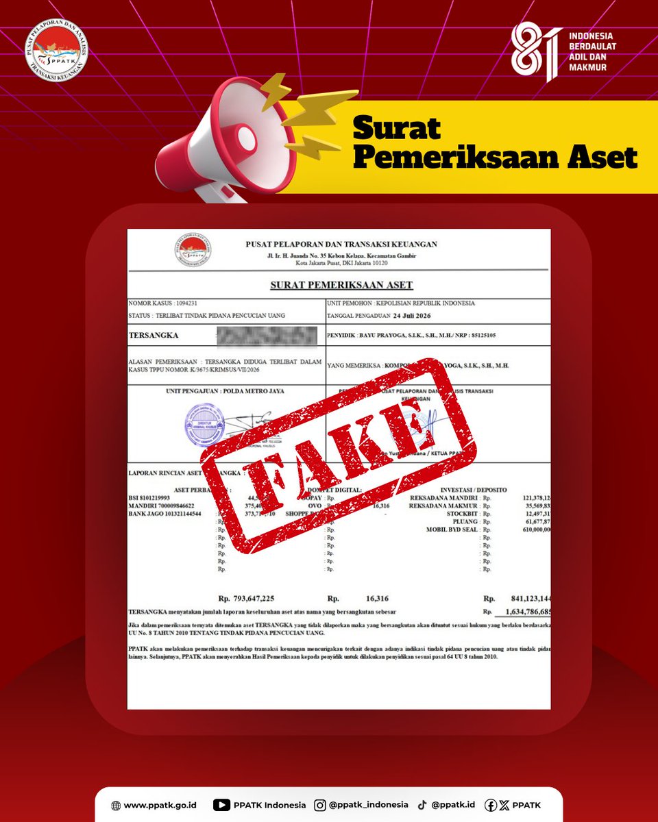 PPATK's tweet photo. 🚨 JANGAN JADI KORBAN BERIKUTNYA.

Surat ini terlihat resmi.
Ada logo.
Ada nomor surat.
Ada tanda tangan.
Bahkan ada stempel.

Tapi semuanya bisa PALSU.

Pelaku sengaja membuat surat yang tampak meyakinkan agar Anda panik, takut, lalu mengikuti semua perintahnya.

⚠️ Waspadai berbagai surat palsu yang mengatasnamakan PPATK, seperti:
* Surat Pemeriksaan Aset
* Surat Jaminan Pengembalian Aset
* Surat Pemblokiran Aset
* Surat Keterangan Kelayakan
* Surat Tugas Penitipan Aset dan Keuangan
* Dan berbagai bentuk surat lainnya yang mengatasnamakan PPATK.

Ingat baik-baik.
❌ PPATK TIDAK PERNAH mengirimkan surat-surat tersebut kepada masyarakat.

Jika Anda menerima surat dengan isi serupa:
🛑 Jangan panik.
🛑 Jangan melakukan transfer uang dengan alasan apa pun.
🛑 Jangan menghubungi nomor yang tertera pada surat.
🛑 Jangan memberikan data pribadi, data rekening, PIN, maupun kode OTP.

📱 Verifikasi terlebih dahulu melalui kanal resmi PPATK:
WhatsApp (chat only): 0821-1212-0195
Email: call195@ppatk.go.id
Pengaduan Daring: https://t.co/XNIk4xqxUn

Satu menit untuk memverifikasi dapat menyelamatkan seluruh tabungan Anda.

🔁 Bagikan postingan ini. Mungkin keluarga, teman, atau orang tua Anda sedang menjadi target pelaku berikutnya. Jangan biarkan mereka menjadi korban.

#PPATK #WaspadaPenipuan #SuratPalsu