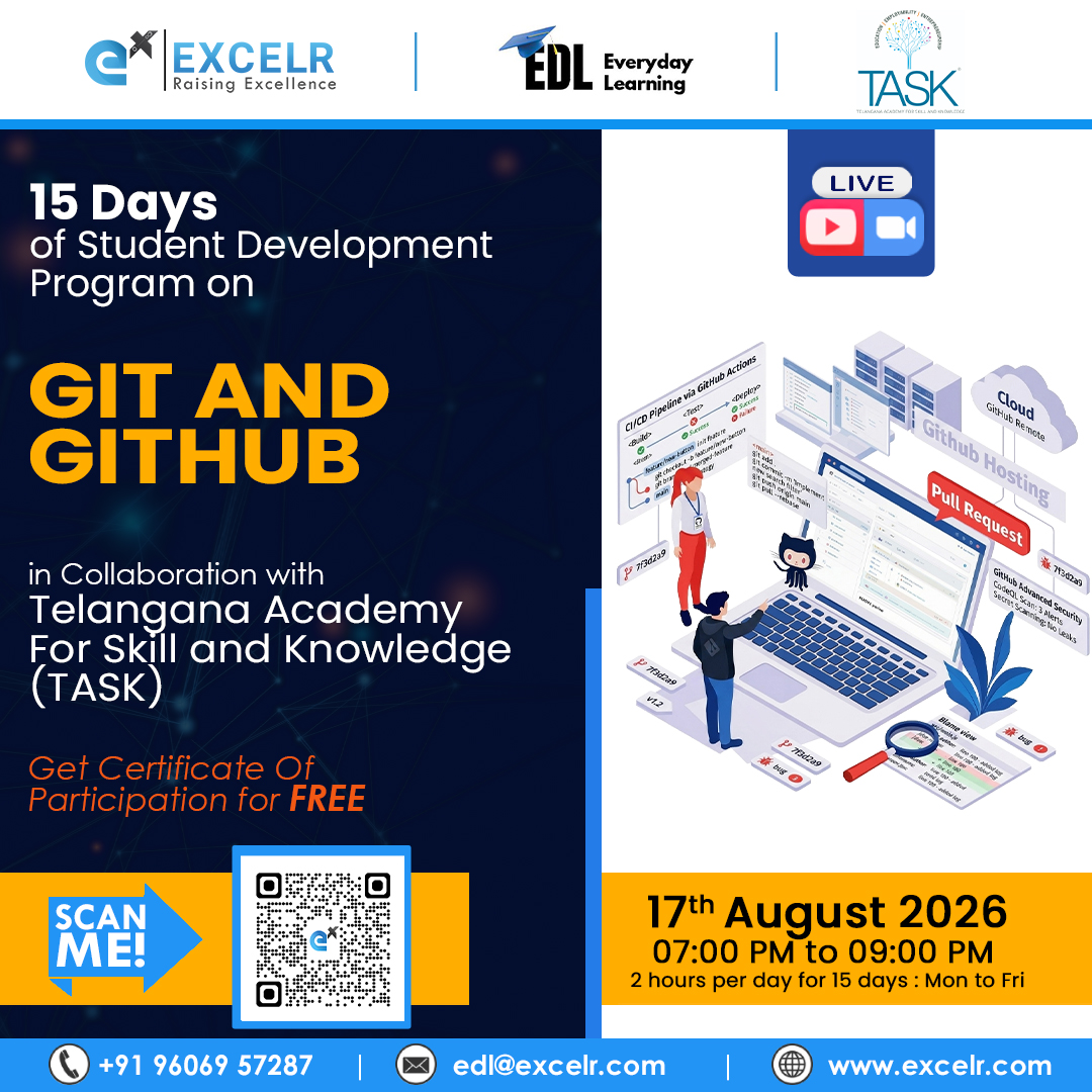 tasktg's tweet photo. Build your coding foundation with Git &amp; GitHub!

Join the 15-Day Student Development Program by TASK, in collaboration with ExcelR &amp; EDL.

📅 Starts: 17 Aug 2026
🎓 Free Certificate
📲 Register now by scanning the QR code.

#TASK #Git #GitHub #SkillDevelopment #TechSkills https://t.co/FfpwbIn2fq
