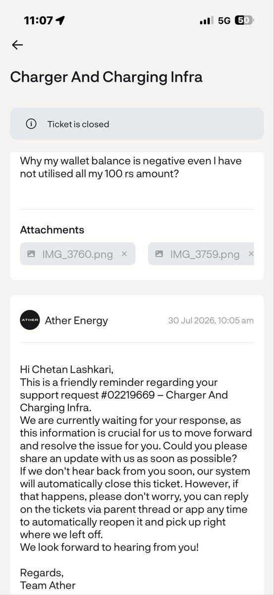 cheetan123's tweet photo. @atherenergy what’s point in raising the request if you could not resolve it, my wallet balance showing negative &amp; there is transaction of ₹20 hardly. When raised the ticket it is closed &amp; i was keeping asking to reply back, see screenshot what reply you are expecting? Fix issue https://t.co/166q6MSmMm