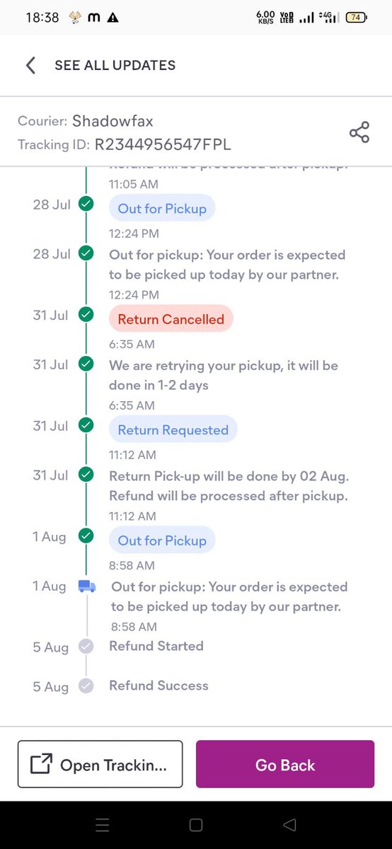 PShukla5544's tweet photo. Is this way the shadowfax employee ruined the goodwill of company. From 9th of July26 customer continue place the return request but employee didn't pick it and cancelled from there side.
@shadowfax_in https://t.co/z4aJ17SYj7