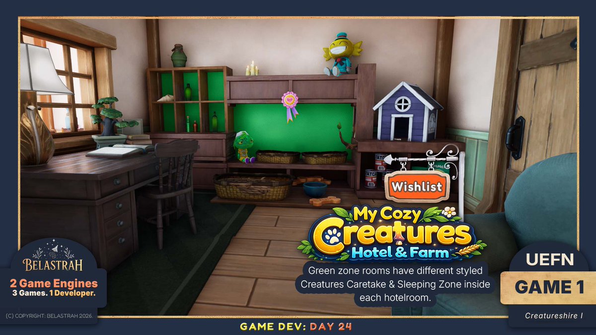 Belastrah's tweet photo. Day 24: Green zone rooms inside your Cozy Creatures Hotel has different styled Creatures Caretake & Sleeping. Wishlist this upcoming, hotel & farming simulator game today. Follow link below:
Wishlist: https://t.co/3aPWfmh6gP
#Belastrah #UEFN #CozyGameDev https://t.co/SBu4ins9aa
