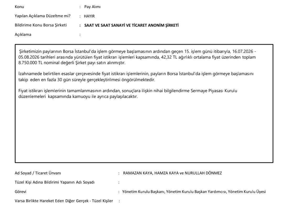 PiyasaTturkiye's tweet photo. #SSAAT Saat yönetimi, fiyat istikrarı işlemleri kapsamında 8.750.000 adet pay satın aldı. https://t.co/RMgBLNLSVz