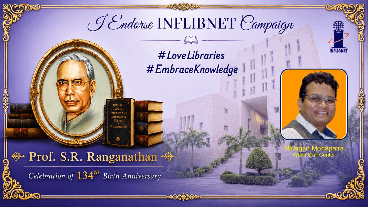 NiraMohapatra's tweet photo. Proud to support the National Librarian's Day 2026
Libraries connect people, preserve knowledge, and empower the future. Let us continue to champion learning, innovation, and lifelong education.
#LoveLibraries #EmbraceKnowledge #NationalLibrariansDay #INFLIBNET #SRRanganathan https://t.co/tf2EODQOo7