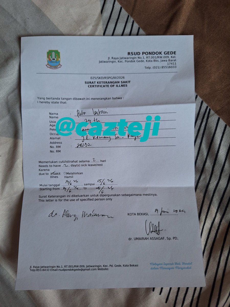 cajtezi's tweet photo. JUAL SURAT DOKTER KETERANGAN SAKIT / SEHAT ONLY 💰20K murah aman

✅ bisa request 
✅ dapet cap ttd
✅ bisa diprint 
✅ payment diakhir

t. wts wtb jasa joki trusted
#zonauang #zonaba #zonajajan #zonabu https://t.co/SYeoOqGLEt