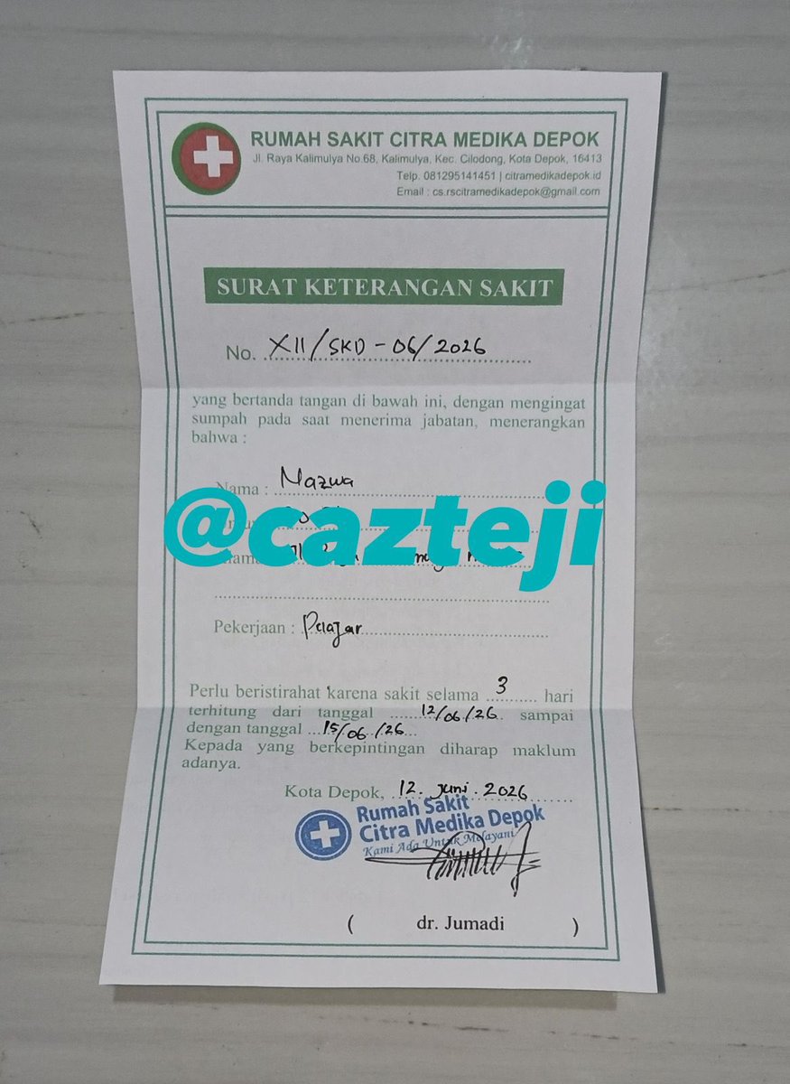 cajtezi's tweet photo. JUAL SURAT DOKTER KETERANGAN SAKIT / SEHAT ONLY 💰20K murah aman

✅ bisa request 
✅ dapet cap ttd
✅ bisa diprint 
✅ payment diakhir

t. wts wtb jasa joki trusted
#zonauang #zonaba #zonajajan #zonabu https://t.co/SYeoOqGLEt