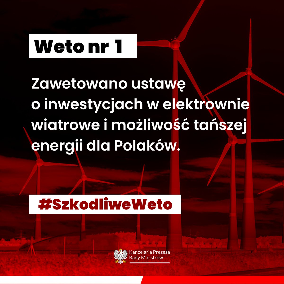PremierRP's tweet photo. ⚡ Prezydent zawetował ustawę, która miała przyspieszyć rozwój energetyki wiatrowej i umożliwić tańszą energię dla Polaków. Nowe przepisy miały odblokować inwestycje i zwiększyć krajową produkcję energii, co w dłuższej perspektywie mogło przełożyć się na niższe rachunki za prąd.
 #SzkodliweWeto