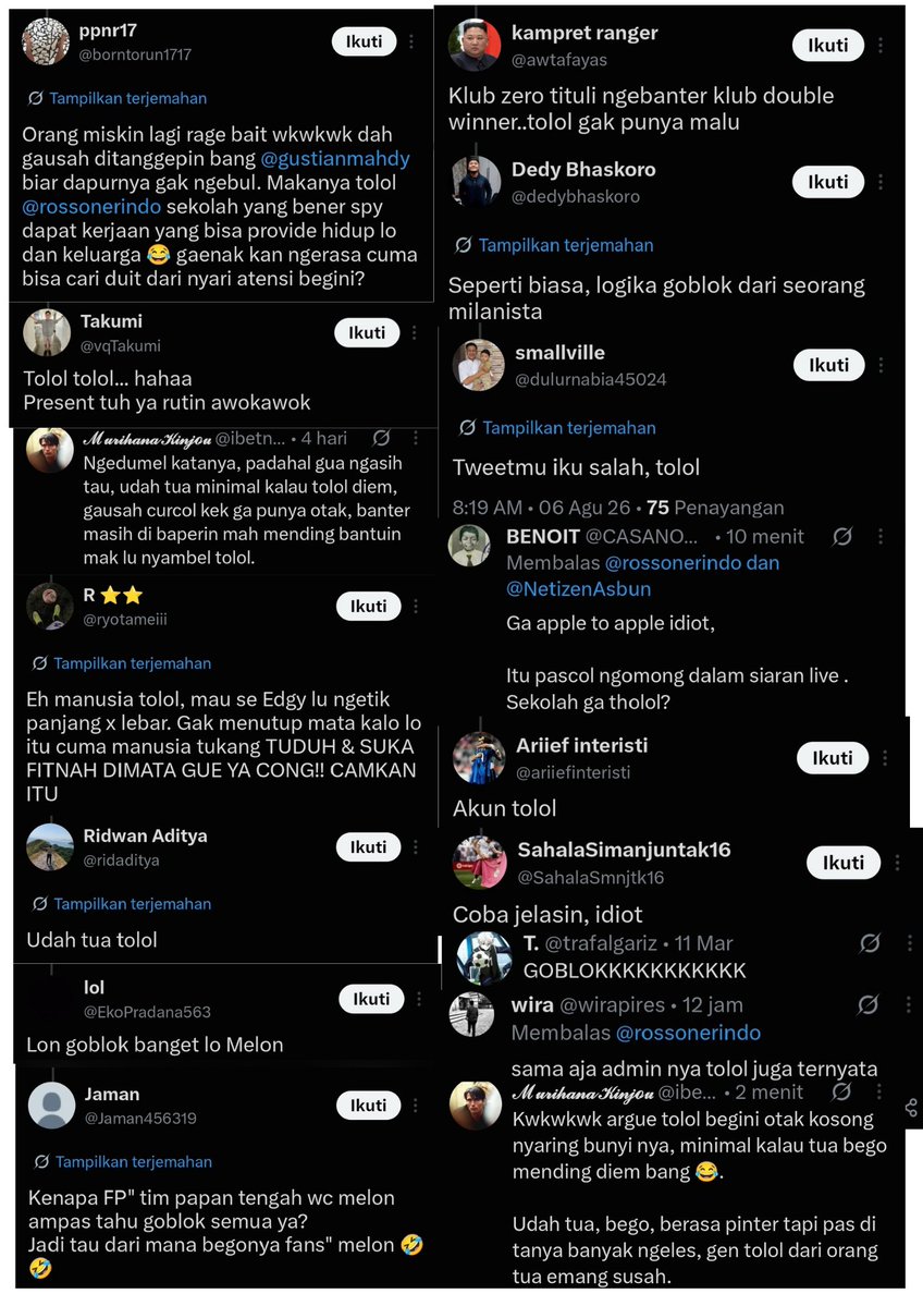 rossonerindo's tweet photo. Katanya sih fanbase paling menjunjung tinggi moral, etika, dan kemanusiaan.
Kalo dibanter dikit seolah paling jadi yg terpintar dan tersakiti sedunia.
Eh giliran dicek kolom reply, vocabulary-nya mentok di situ-situ aja alias jurus ngata2innya keluar. Bahkan ada yg ngatain orang tua salah satu followers gue.
Standar ganda tetangga emang gak pernah gagal bikin takjub.
Takut bgt, galak-galak.
Kasih tepuk tangan dulu buat si paling bermoral.
👏😭👇