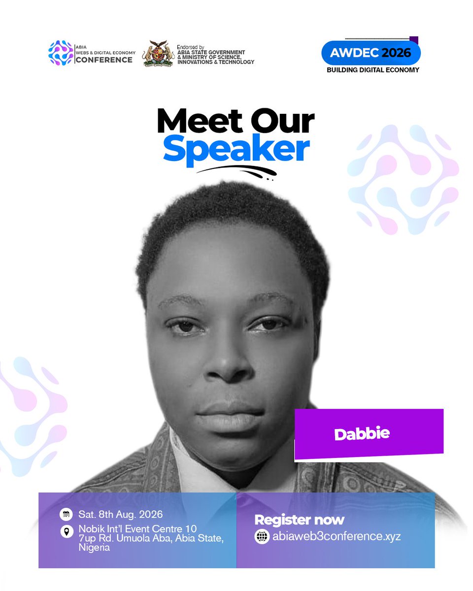 Abia_Web3Net's tweet photo. Meet Our Speaker – Dabbie

Representing @BarkMediaAfrica , we're excited to welcome @DabbieElla to the AWDEC2026 stage.

Get ready for inspiring insights, meaningful conversations, and a fresh perspective as we continue building Africa's digital economy together.

Saturday, 8th August 2026

 Nobik Int'l Event Centre, 10 7Up Road, Umuola Aba, Abia State, Nigeria.

Register now: https://t.co/wjuk8BzZrF

See you at AWDEC2026 — Building Digital Economy.