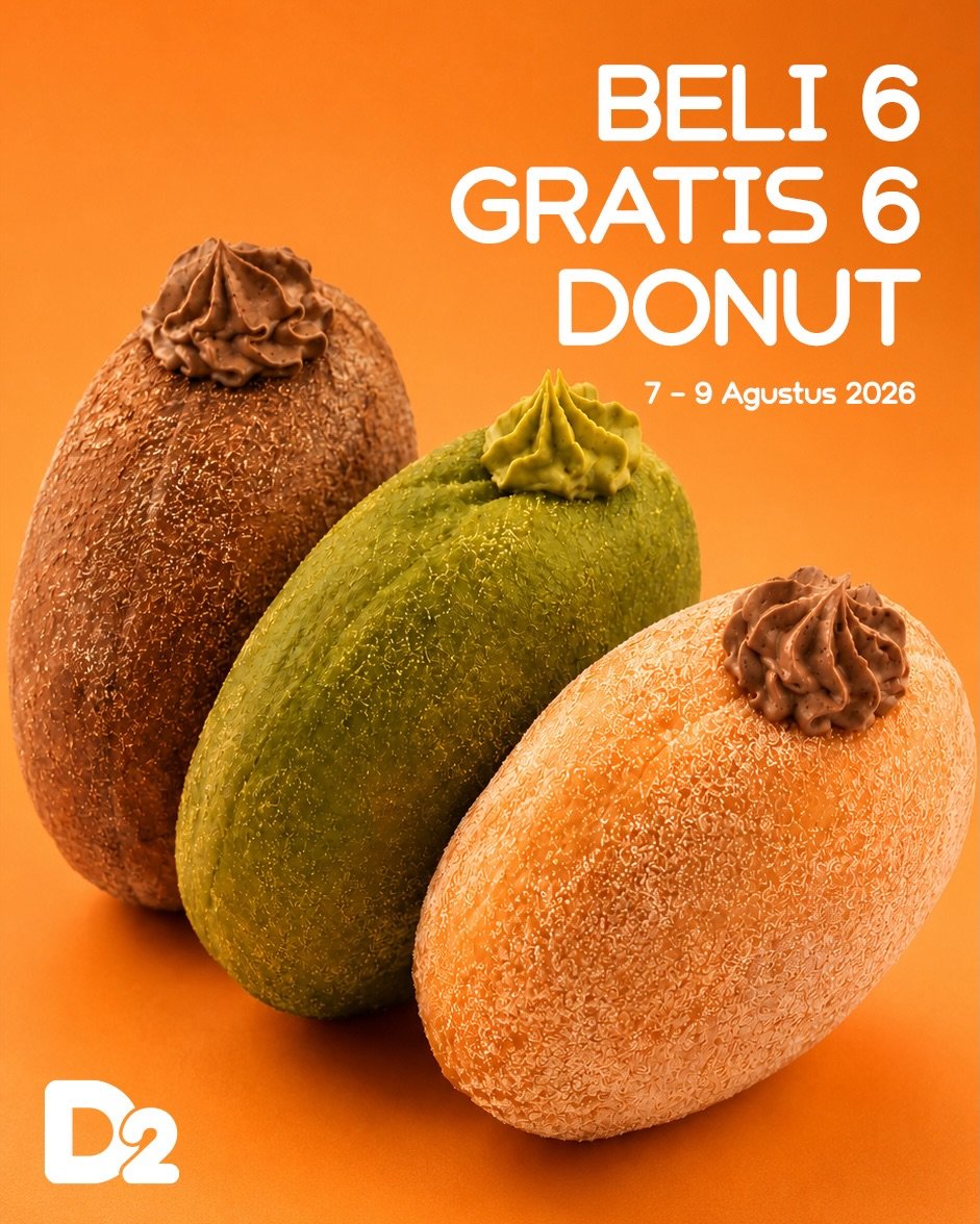 Giladiskon's tweet photo. PROMO SPESIAL D2 DONUTS KEMBALI LAGI! 🍩

Saatnya borong donut favoritmu! 🤩
Beli 6 GRATIS 6 Donuts di semua gerai D2 Donuts hanya pada 7–9 Agustus 2026.

Bebas pilih semua varian donut favoritmu!
Caranya mudah:
✅ Follow akun media sosial D2 Donuts
✅ Tag 3 orang temanmu

Jangan sampai kelewatan promo yang selalu ditunggu ini! Ajak keluarga, sahabat, dan orang tersayang untuk menikmati donut lezat bersama. 🍩🧡