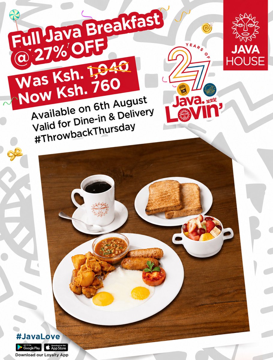 javahouseafrica's tweet photo. Rise and shine! ​
Celebrate Throwback Thursday with 27% OFF the Full Java Breakfast. Start your day with a classic as we celebrate 27 Years of Java Lovin'.​
#ThrowbackThursday #JavaLove #27YearsOfJavaLovin https://t.co/wfdvpMZWQO