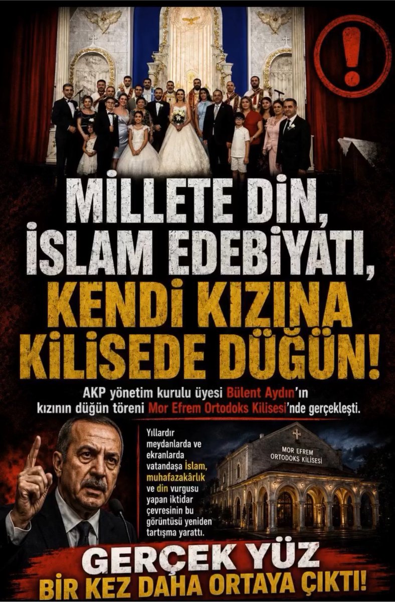 ebru_4834TC's tweet photo. 🚨 MİLLETE DİN-AHLAK NUTKU, KENDİ KIZINA KİLİSEDE DÜĞÜN TÖRENİ!
Görselde, AK Parti yönetim kurulu üyesi Bülent Aydın’ın kızının düğün töreninin Mor Efrem Süryani Kadim Ortodoks Kilisesi’nde gerçekleşmesine yönelik eleştiriler ve muhafazakar söylem çelişkisi ele alınıyor. Öne çıkan kritik noktalar:

📌 Kilisede Düğün Töreni: AK Parti yönetiminde yer alan Bülent Aydın’ın kızının nikah/düğün merasiminin İstanbul’daki Mor Efrem Ortodoks Kilisesi’nde yapıldığı görsellerle kamuoyuna yansıyor.
📌 Söylem ve Yaşam Tarzı Çelişkisi: Yıllardır meydanlarda, ekranlarda ve siyasette halka İslam, din, muhafazakarlık ve dini değerler vurgusu yapan iktidar mensuplarının, kendi özel hayatlarındaki bu tercihlerinin toplumsal tabanda yarattığı çelişki eleştiriliyor.
📌 Siyasi İstismar Ve Samimiyet Sorgulaması: Seçmen kitlesine sürekli muhafazakar değerler üzerinden yüklenen politik dil ile iktidar elitlerinin yaşam tarzı arasındaki uçurum, siyasi ahlak ve samimiyet tartışmalarını yeniden alevlendiriyor.

Siyasette dini değerleri söylem aracı olarak kullanan kadroların özel hayat tercihlerindeki bu görüntüler, kamuoyunda “millet için ayrı, kendileri için ayrı kurallar” tartışmasını bir kez daha gündeme taşıyor.