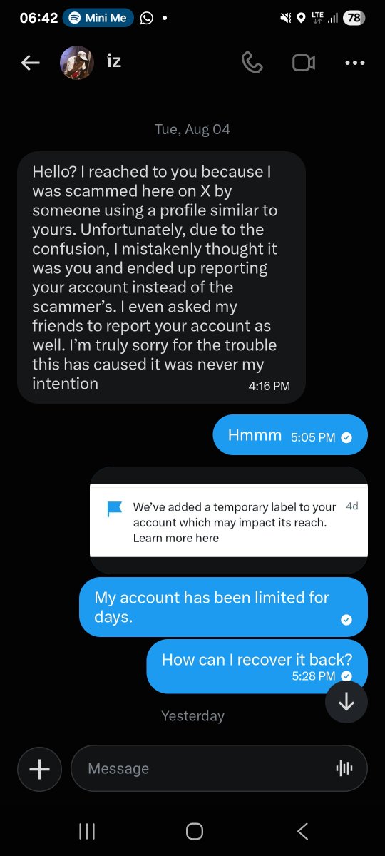 dapper_boiy01's tweet photo. Hello Team, I have a label placed on my account from X due to some people mistakenly reporting my account for fraud. The said account @wtp_iztemp reached out to me claiming he mistakenly reported my profile and used his influence to inform other users to massively report my account.

Since then, X has flagged my profile which has affected me from using the platform for my personal brand.

Attached is the screenshot of the Direct Messages I received from the complainant
@Support