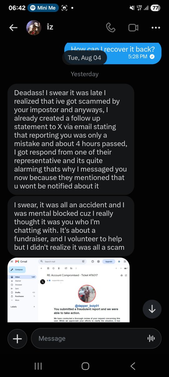 dapper_boiy01's tweet photo. Hello Team, I have a label placed on my account from X due to some people mistakenly reporting my account for fraud. The said account @wtp_iztemp reached out to me claiming he mistakenly reported my profile and used his influence to inform other users to massively report my account.

Since then, X has flagged my profile which has affected me from using the platform for my personal brand.

Attached is the screenshot of the Direct Messages I received from the complainant
@Support