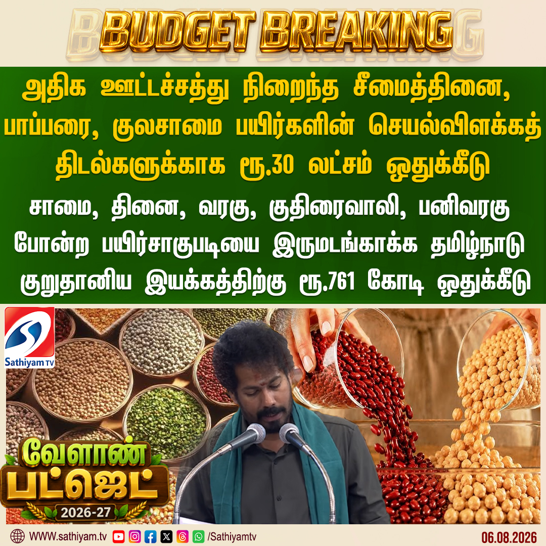 sathiyamnews's tweet photo. அதிக ஊட்டச்சத்து நிறைந்த சீமைத்தினை, பாப்பரை, குலசாமை பயிர்களின் செயல்விளக்கத் திடல்களுக்காக ரூ.30 லட்சம் ஒதுக்கீடு
#Sathiyamtv #Sathiyamnews #TNBudget2026 #CMJosephVijay‌ #TVKgovt #TamilNaduBudget2026 #AgriBudget #AssemblyBudgetSession https://t.co/JJ1ytkmpor