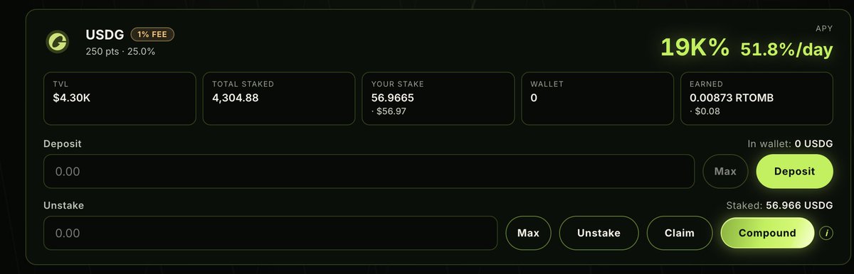 RHTOMB's tweet photo. We've added a COMPOUND button on each genesis pool. 

This turns your $RTOMB rewards into $RTOMB / $USDG LP and stakes it automatically so your rewards arent sitting idle and our LP grows healthy.

https://t.co/FXjDL3bFXw https://t.co/LVCd03FdOW