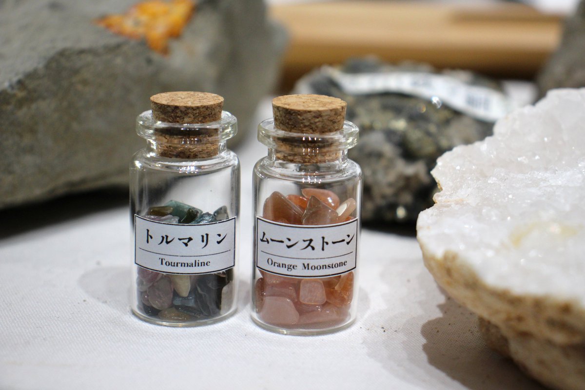 T_Aikitu_sci's tweet photo. 【オリジナルガチャのお知らせ】

科学館オリジナル
『 #鉱物のこびんガチャ』🫙

エメラルド / トルマリン / ロードナイト / フローライト / アパタイト / ペリドット / ビルマ翡翠 / ムーンストーン / トパーズ の 全９種類！

各３００円

田中舘愛橘記念科学館 受付前で販売中です！ https://t.co/aBIU3IAXxV