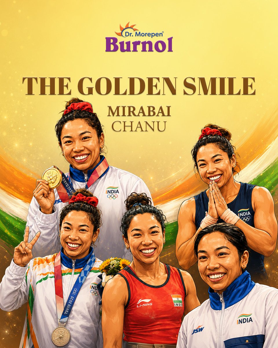 BurnolOG's tweet photo. Some medals shine.
Some smiles shine even brighter.
Celebrating the smile that has lifted the spirit of a nation. 💛🥇🇮🇳

#TheGoldenSmile #MirabaiChanu #Burnol #India #Champion https://t.co/Q6wQB0xu7A