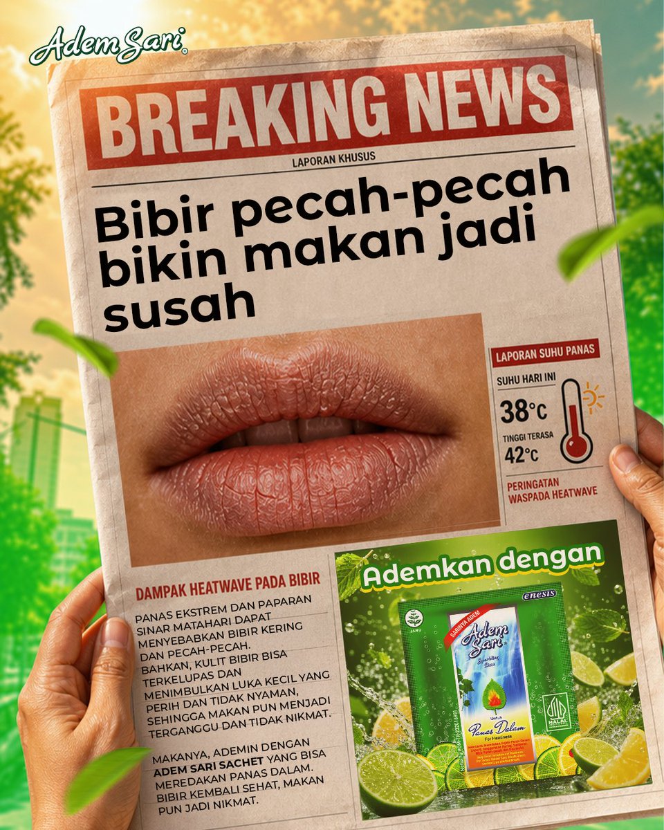 AdemSari_ID's tweet photo. Cuaca panas bisa bikin bibir pecah-pecah dan nggak nyaman.

Langsung redakan aja dengan Adem Sari Sachet yang mengandung vitamin C tinggi dan herbal alami, Geng! 🔥💚

#AdemSari #AdemSariSachet #PastiNgademinJelasNyegerin #BawaAdemTerus #BibirPecahPecah https://t.co/WDxtxN9b6B