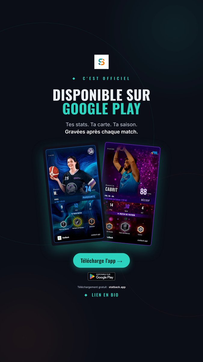 StatBackapp's tweet photo. Ta perf du week-end mérite mieux qu'une feuille de match froissée. 🏀

StatBack est dispo sur Google Play.

Quelqu'un saisit le match depuis le banc → ta carte arrive. Ta note, ta rareté, tes exploits. Gravés.

On traite l'amateur comme un pro.

https://t.co/RvlYZxonOR https://t.co/EoJrmbXQNM