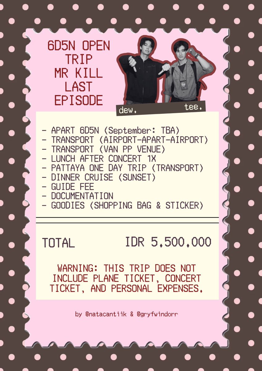 natacantiik's tweet photo. OPEN TRIP - MR. KILL LAST EPS. 2026 (DEWTEE) by @natacantiik &amp; @gryfwindorr

📆6D5N: IDR 5.500K (SEPTEMBER: TBA)

💸DP: IDR 1.000K/PAX
🛫CGK-BKK/DMK-CGK
✔️ Bisa cicilan maks. H-30 keberangkatan

— DM US FOR MORE INFO ♡ https://t.co/CFxOHVyoGI