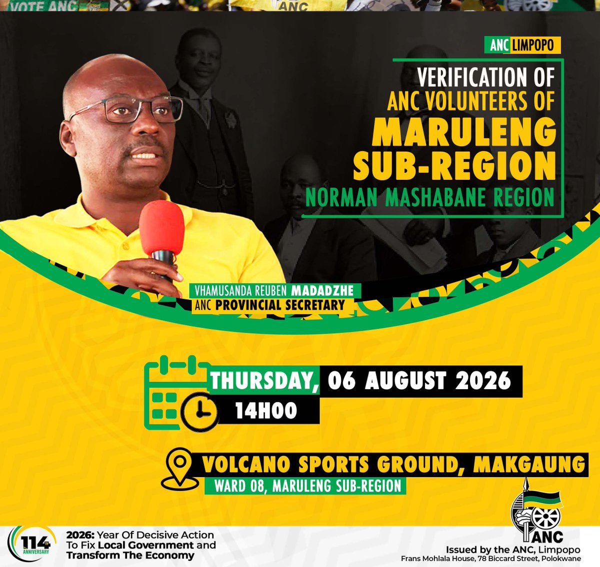 ANCLimpopo's tweet photo. #HappeningToday | ANC volunteers from across the Maruleng Sub-Region will converge today at Volcano Sports Ground, Makgaung, Ward 08.
ANC Provincial Secretary Vhamusanda Reuben Madadzhe to address.
#ANCAtWork #2026LGE https://t.co/dg4H84dSjW