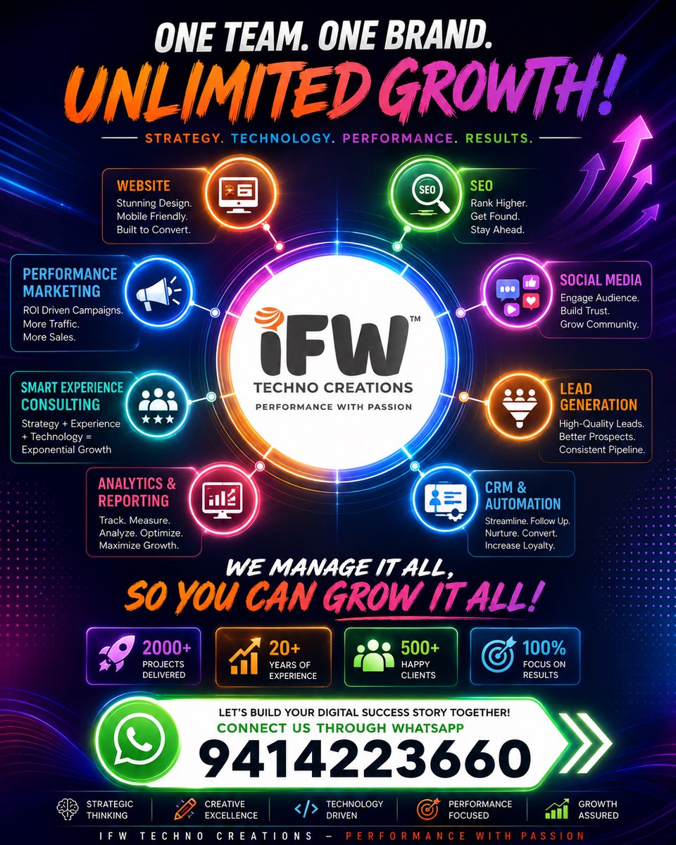 IfwTcpl's tweet photo. Your business deserves more than just a website. It deserves a complete growth ecosystem.

At IFW Techno Creations, every strategy works together to generate more visibility, more leads, and more business.
📲 Connect with us on WhatsApp: 9414223660

#IFWTechnoCreations #Business https://t.co/v4nQLZH10d