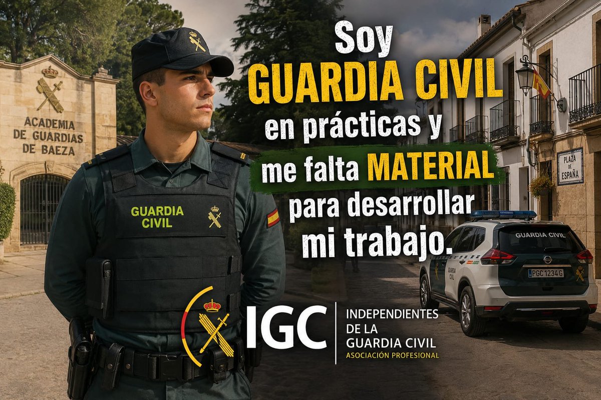 _IGC_'s tweet photo. #IGCNacional 🇪🇸 quiere hacer pública su preocupación al conocer que hay guardias civiles en prácticas que no disponen de todo el material necesario y adecuado para desarrollar correctamente su trabajo, e insta a las autoridades competentes a dotarles de todo lo necesario para afrontar eficazmente sus cometidos.

@interiorgob @guardiacivil @empleogob
@PSOE @ppopular @sumar @vox_es @Europarl_ES @Europarl_EN @desdelamoncloa @IzquierdaUnida @EU_Commission @ComisionEuropea @PODEMOS @Yolanda_Diaz_
📸 Imagen IA