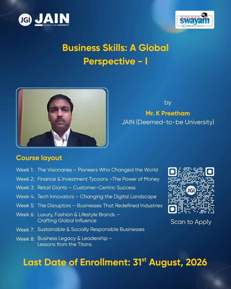 JainDeemedtbUnv's tweet photo. Build skills in Business, Finance & Technology with MOOCs from JAIN (Deemed-to-be University), now live on the SWAYAM Portal.
Explore courses in Power BI, Python, Fintech, Finance & Global Business.
Enrol by 31 Aug 2026.
#SWAYAM #MOOCs #JAINUniversity #Business #Finance #Tech https://t.co/yzh2DHuuWe