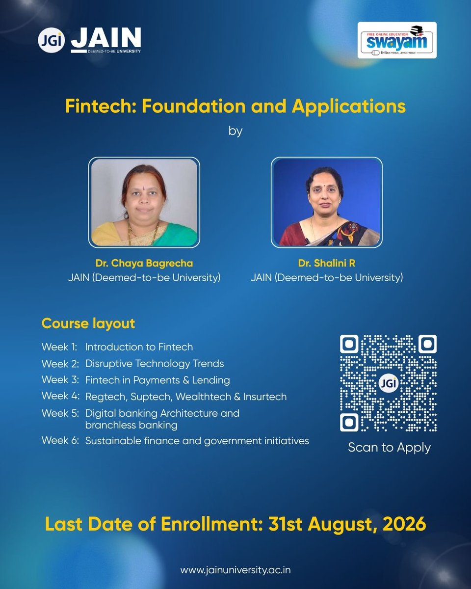 JainDeemedtbUnv's tweet photo. Build skills in Business, Finance & Technology with MOOCs from JAIN (Deemed-to-be University), now live on the SWAYAM Portal.
Explore courses in Power BI, Python, Fintech, Finance & Global Business.
Enrol by 31 Aug 2026.
#SWAYAM #MOOCs #JAINUniversity #Business #Finance #Tech https://t.co/yzh2DHuuWe