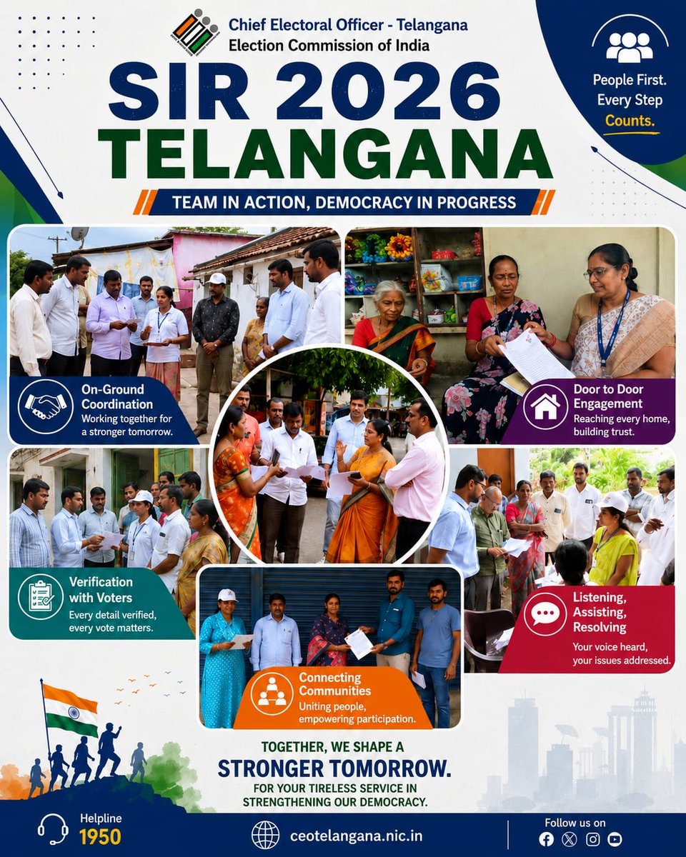 CEO_Telangana's tweet photo. Together for a Stronger Democracy | SIR-2026 in Action

#SIR2026 #CEOTelangana #ECI #VoterAwareness #EnumerationForm  #EnumerationPhase #SpecialIntensiveRevision
@ECISVEEP @SpokespersonECI @IPRTelangana @PIB_India @PIBHyderabad @airnewsalerts @AirHyderabad https://t.co/HJrSV03ORa