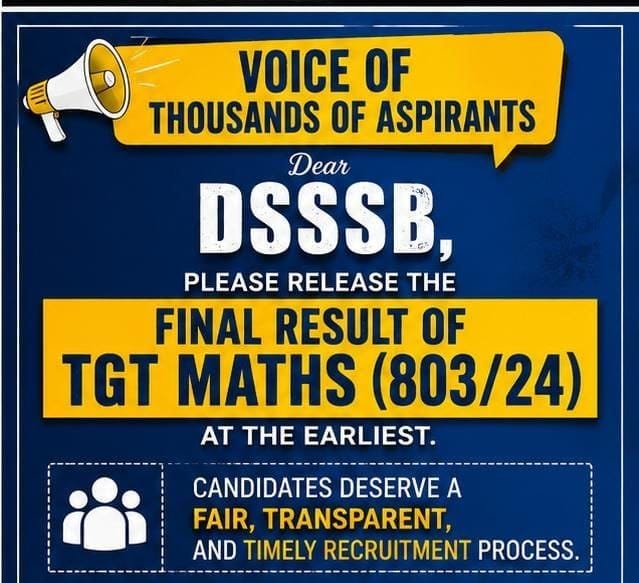 HiM_Classes's tweet photo. हजारों अभ्यर्थी TGT Maths (Post Code 803/24) के अंतिम परिणाम का लंबे समय से इंतजार कर रहे हैं। कृपया शीघ्र अंतिम परिणाम जारी कर भर्ती प्रक्रिया पूर्ण करने का कष्ट करें।

#TGT_Maths_FinalResult

@LtGovDelhi @gupta_rekha @dsssbofficial @Dir_Education https://t.co/CxNHqcrCcL