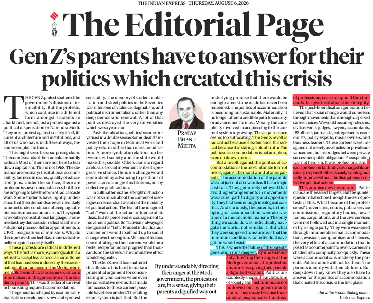 beastoftraal's tweet photo. "A revolt against the politics of accommodation is the most intimate form of revolt, against the moral world of one’s (Gen-Z's) parents. By understandably directing their anger at the Modi government, the protestors are, in a sense, giving their parents a dignified way out. The parents identify with their children. But deep down they know they also have to answer for the politics of accommodation that created this crisis in the first place".