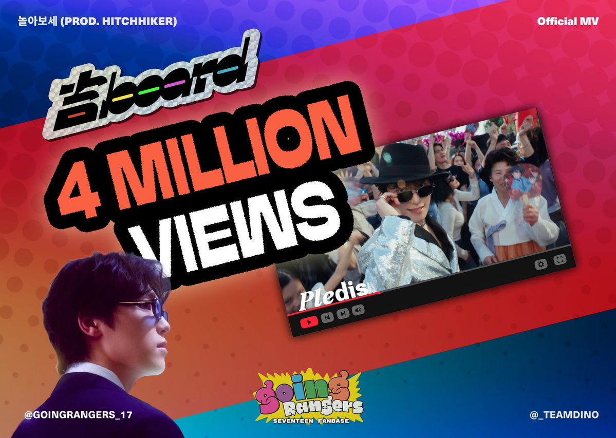 _TeamDINO's tweet photo. [🔴 YOUTUBE MV VIEWS]

The official MV for Picheolin '놀아보세 (prod. Hitchhiker)' has reached 4,000,000 views and 68.6k likes on YouTube!

🎯 5M views 📣📣
⏸️ 4,041,856
▶️ https://t.co/QfFjIRFlpD
🔁 Watch | ❤️ Like | 💬 Comment | 📢 Share

👉 Manual stream by searching for it and playing the video
👉 Queue the video
👉 Play the video in full, like the video, leave a comment, copy the share link
👉 Drop the share link and the hashtags in the replies below

#피철인 #Picheolin
#DINO #디노
#놀아보세 #PartyRockRock
#吉BOARD #길보드