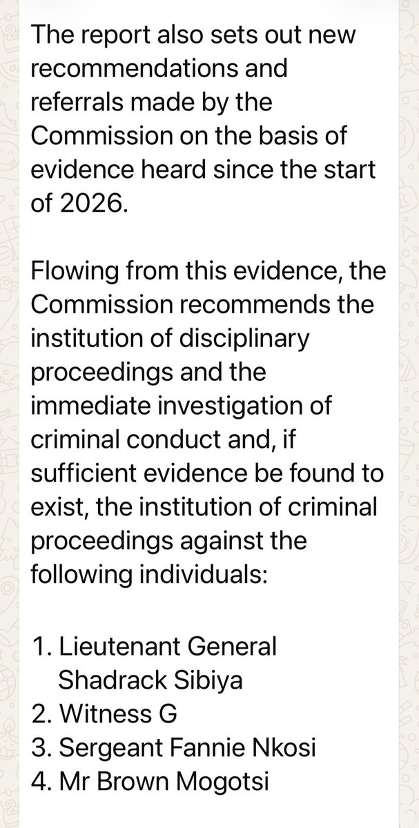 ZiyandaNgcobo's tweet photo. JUST IN: President @CyrilRamaphosa has shared the referrals and recommendations of the #MadlangaCommission’s second interim report that was sent to him at the end of May. Four names have been unveiled for further investigation and possible prosecution

1. Lt Gen Shadrack Sibiya
2. Witness G - who was alleged to be Brown Mogotsi’s co-handler 
3. Sergeant Fannie Nkosi
4. Brown Mogotsi