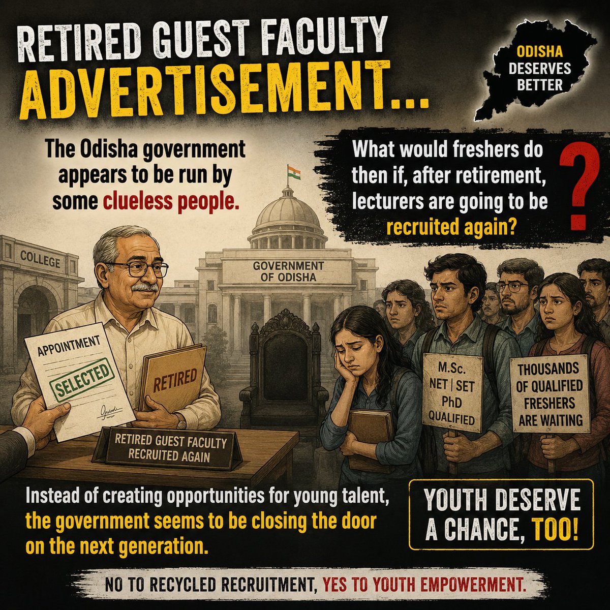 Sandhyaran31682's tweet photo. Retired guest faculty concept. Retireds are recruited again.The Odisha govt appears to be run by some clueless and uneducated fellows.#Shame_on_BJP .What would freshers do then if, after retirement, lecturers are going to be recruited again? https://t.co/ZAhPhz3Baz