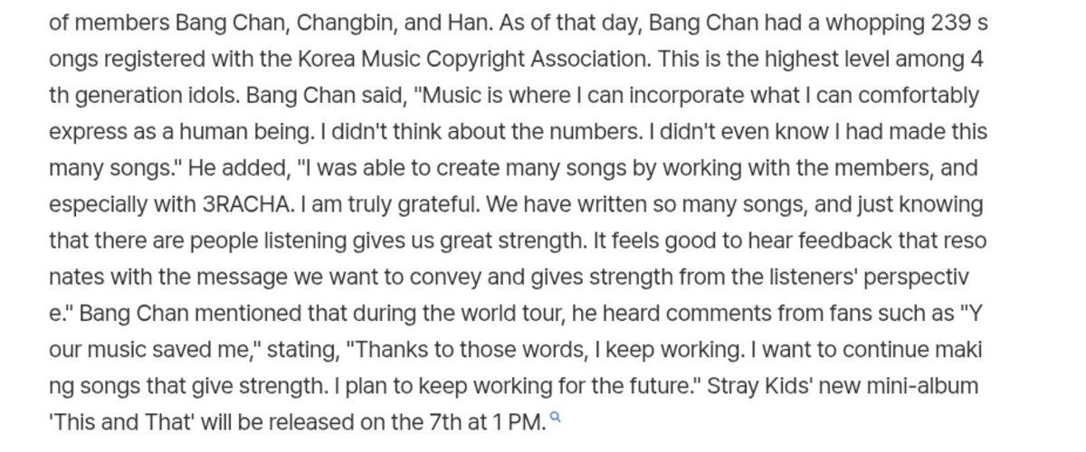 dimpleechan's tweet photo. chan about being the most credited 4th gen idol in komca (after this & that he will be the most credited idol🥺) 
🐺: music is where I can incorporate what I can comfortably express as a human being. I didn't think about the numbers. I didn't even know I made this many songs. I was able to create many songs by working with members especially 3racha and I'm truly grateful.   We have written so many songs and just knowing there are people listening gives us great strength. it feels good to hear feedback that resonates with the message we want to convey and gives strength from the listeners' perspective 🥺