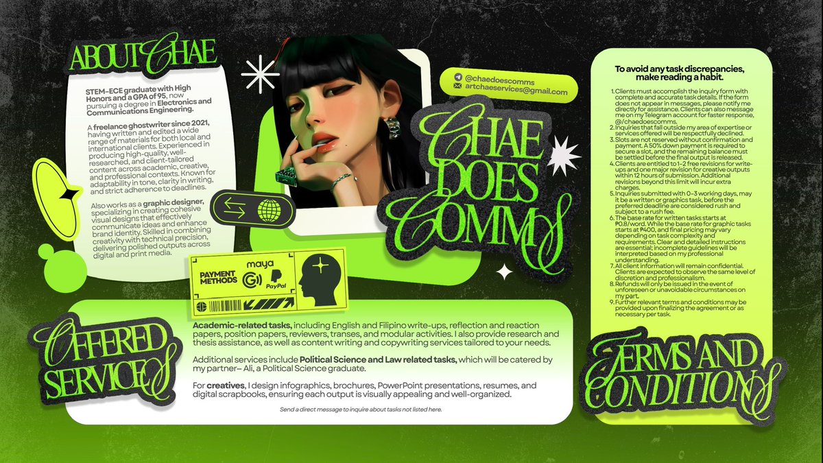 chaedoescommies's tweet photo. hi, this is chae .ᐟ ⋆౨ৎ 🍀 ˚ ∿ welcome to my space! ⟡ ᶻ 𝘇 𐰁

helping students and professionals since 2021—trusted by both local and international clients. every commission is handled with care, timely communication, and attention to detail. thank you for considering my little space; I’d love to work with you! ⭐️

🍵 for more details, check here .ᐟ
   ⤷  ⟮ feedback ⟯ ঌ ─── @worksofchae
         ⟮ updates ⟯ ঌ ─── #chaeckin