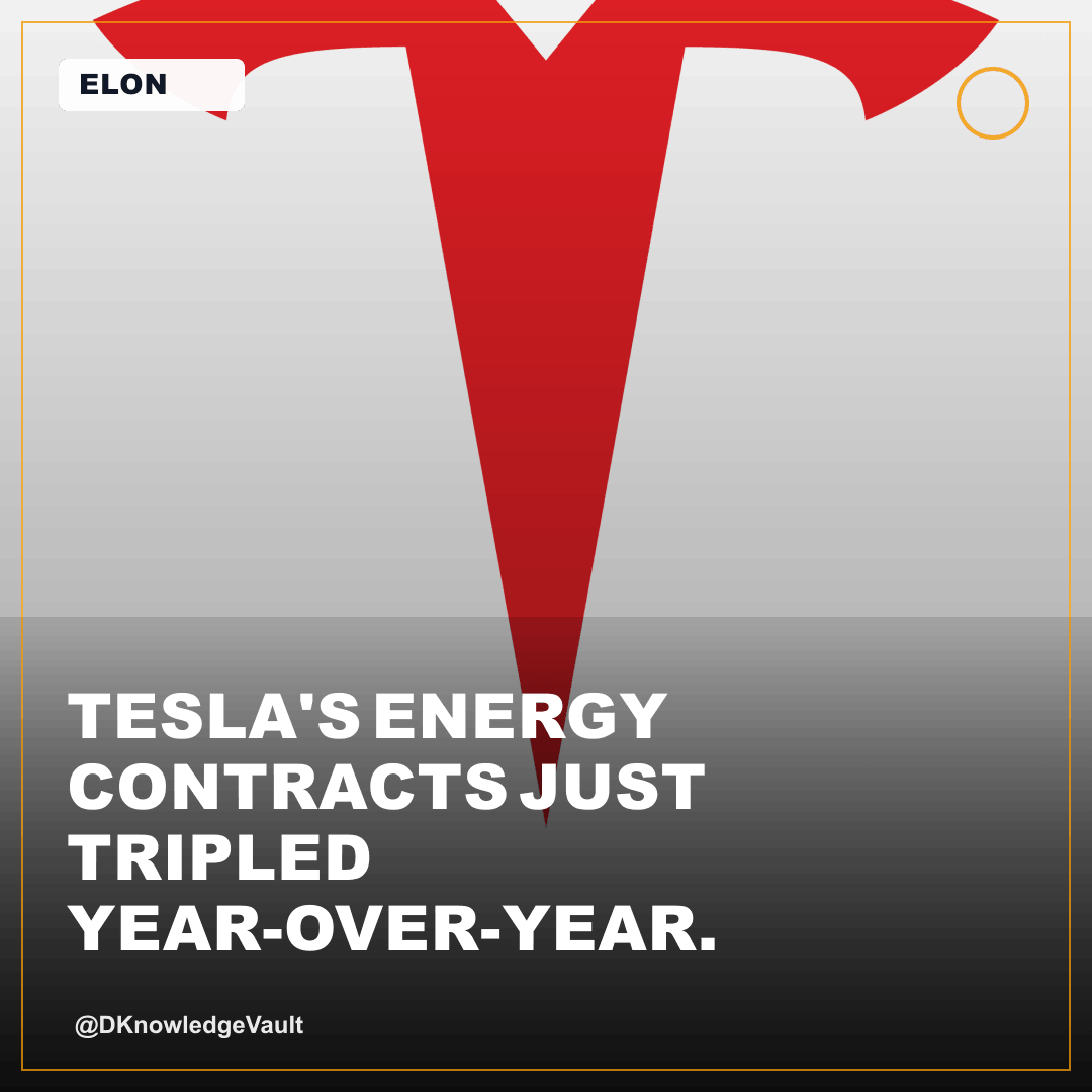 DKnowledgeVault's tweet photo. Tesla's energy contracts just tripled year-over-year. Megawatt-hour deployment now outpaces vehicle production velocity by 2.3x. Stop counting cars sold. The real compounding curve lives in grid capacity. Elon flipped the business model: vehicles fund infrastructure scaling. Tha…