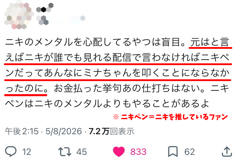aigare01's tweet photo. ファンからの誹謗中傷に耐えられず、
配信中に自●したMINA(25)さんの件
最後に火を付けたのは誰だったのか

男性K-POPアイドルグループ「ENHYPEN」の
"NI-KI(ニキ)"が配信で語った
「認知されようとアピールする人がいたのは残念」
という、明らかにMINAさんを指したと受け取れる発言が、
MINAさんへの誹謗中傷に拍車をかけたとして炎上中
（そのあと、MINAさんは謝罪とともに
ENHYPENファンを辞める様な投稿も）

このNI-KIは以前からMINAさんに甘い言葉をかけるなど、
色恋営業とも受け取られる対応をしていたことから、
「多額の金を使ってきたMINAさんへの対応としては酷すぎる」
といった声も上がっている

皆さんは、どう思う？