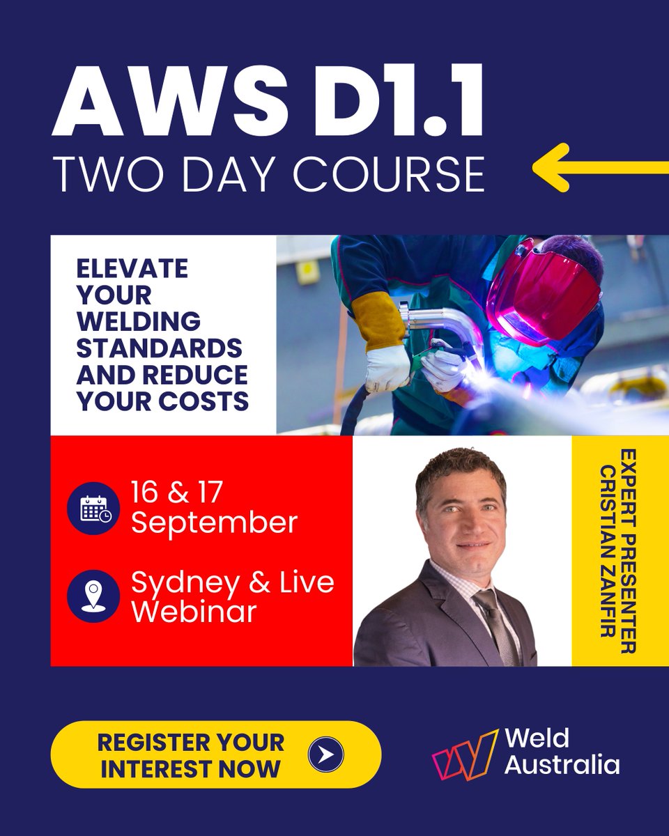 WeldAustralia's tweet photo. Expand your knowledge of the AWS D1.1 Structural Welding Code – Steel with Weld Australia's practical training course. Register: https://t.co/4OXVMpl2II
#WeldAustralia https://t.co/fApPg8i3Xv