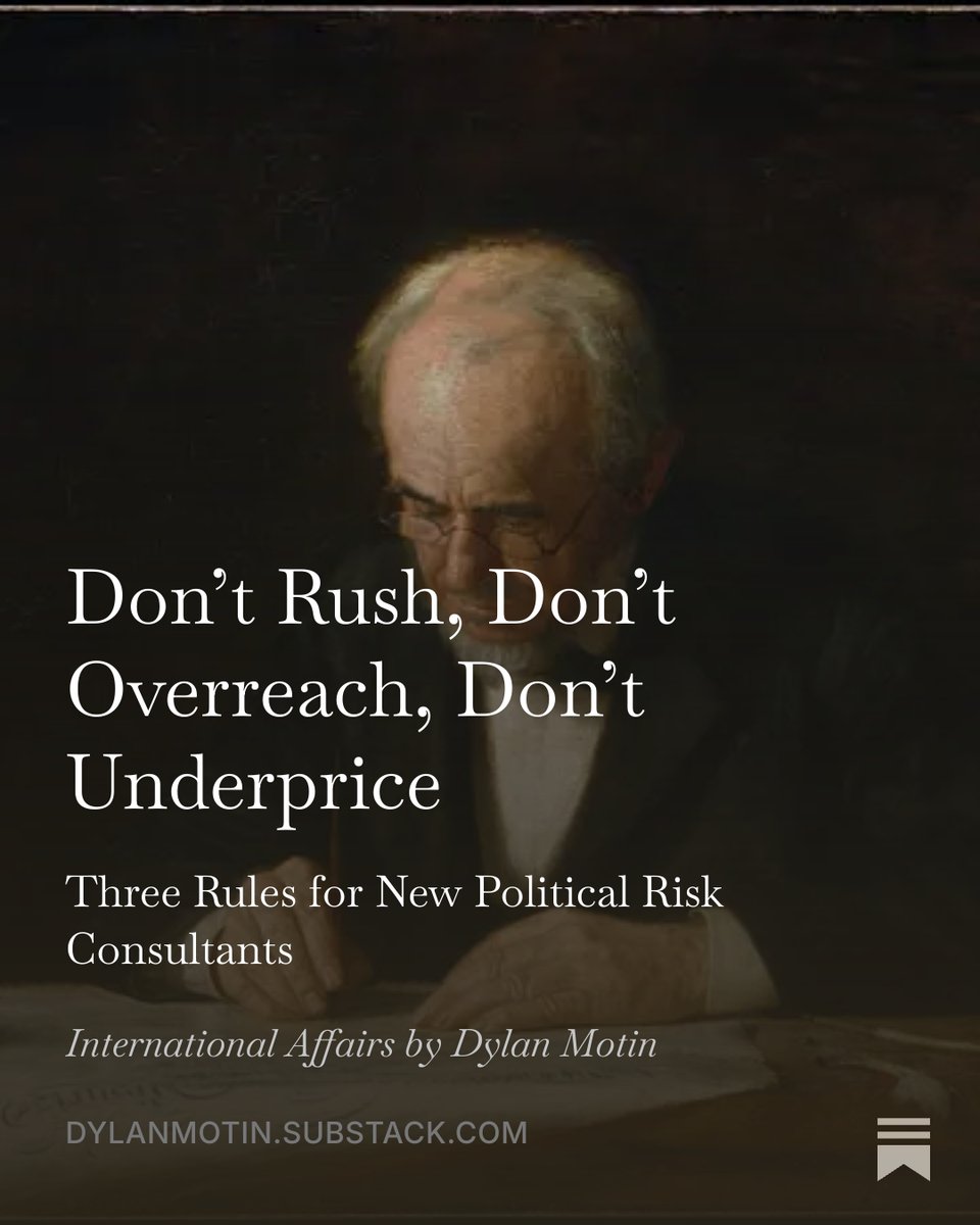 DylanMotin's tweet photo. When you are starting out in risk consulting, some of the hardest decisions have little to do with the analysis itself: when to deliver, when to turn down a project, and how to price your time.

I wrote down three rules I wish more junior consultants learned early. https://t.co/f0PSptgUyK