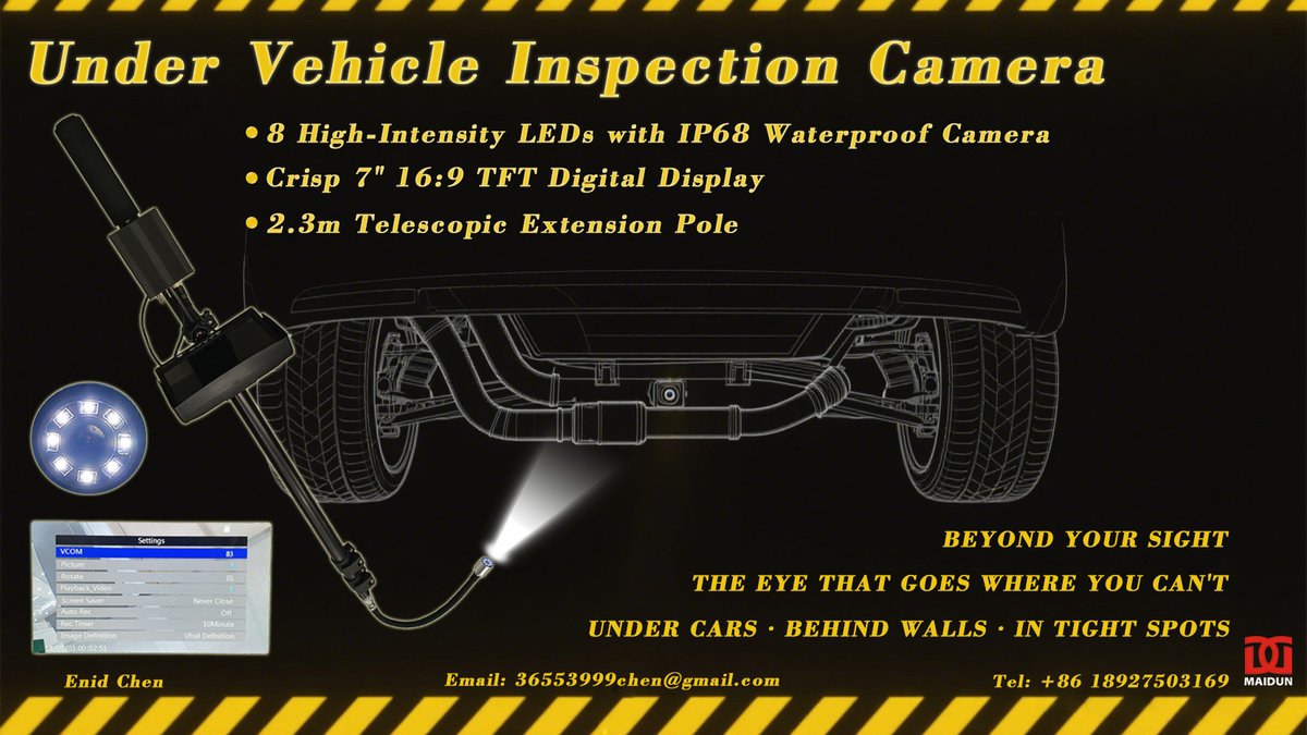 MaidunSecurity's tweet photo. Under cars. Behind walls. In tight spots.

The MAIDUN inspection camera sees what others miss.

8 LEDs · IP68 · 7" HD screen · 2.3m pole

DM or email Enid: 36553999chen@gmail.com

#SecurityTech #InspectionEquipment #PublicSafety #MAIDUN #VehicleInspection https://t.co/sy6zhv9rws