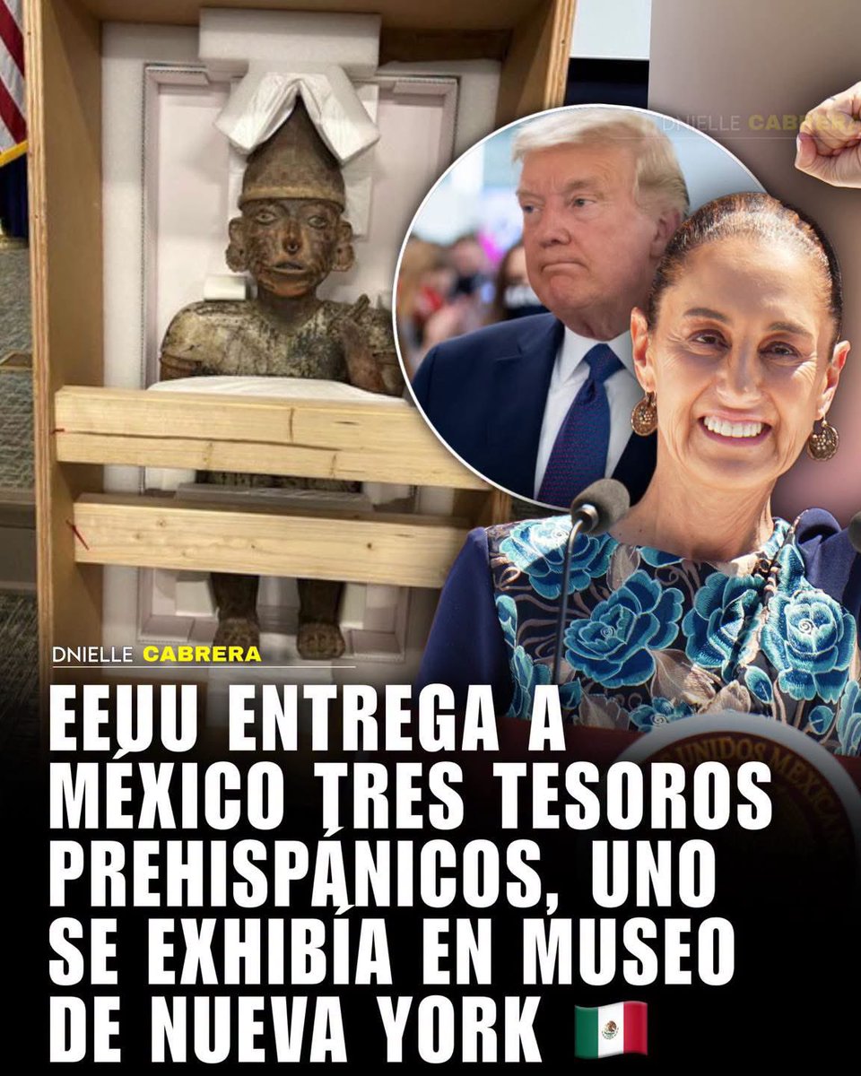DnielleCabrera's tweet photo. 🚨🇲🇽 ESTO NO LE GUSTÓ NADITA A TRUMP! TESORO REGRESA A MÉXICO!

Tres piezas prehispánicas mexicanas regresan a casa desde Estados Unidos. La entrega se concretó el 15 de julio en el Consulado General de México en Nueva York, resultado de investigaciones de la Unidad de Tráfico de Antigüedades de la Fiscalía de Distrito de Manhattan.

Las tres piezas son: una figura antropomorfa de 91 centímetros modelada en barro que representa a un guerrero con yelmo, coraza y lanza, perteneciente a la tradición Tumbas de Tiro del occidente de México, elaborada entre el año 100 a.C. y 600 d.C., esta era parte de la colección del Museo Metropolitano de Arte de Nueva York. Un cajete de piedra de la región central de Guerrero, datado entre los años 300 y 900 d.C. Y una navajilla prismática de obsidiana, ejemplo de la industria lítica mesoamericana.