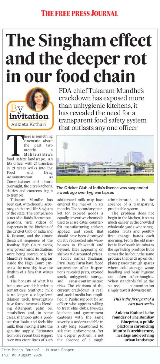 fpjindia's tweet photo. #ByInvitation | "There is something cinematic about the past two months in Maharashtra’s food safety landscape. An IAS officer with 25 transfers in 21 years walks into the FDA as Commissioner and, almost overnight, the city’s kitchens, dairies and canteens begin to tremble," writes @ankietak.
Read more: https://t.co/39py4BTsbg #TukaramMundhe #Maharashtra #foodsafety
